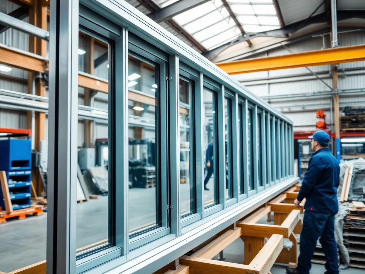 Equipe montando esquadrias de alumínio em ambiente de produção